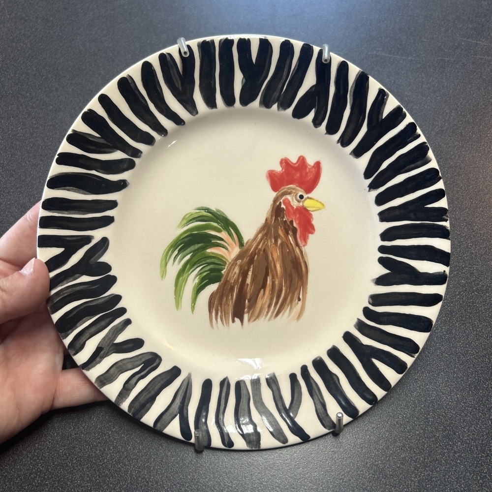 Ceramic Rooster Wall Plate Multi-Color Black Stripes Farmhouse w/ Hanger